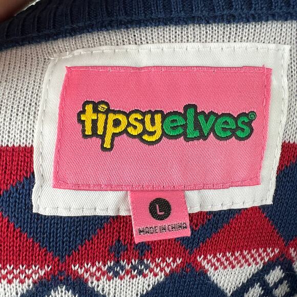 TIPSY ELVES Blue Red White Sweater Dress Knit Sequin Fair Isle Size Large L NEW - Picture 10 of 12